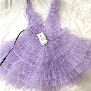 Lilac tiered ruffle plunging tulle mini Dress